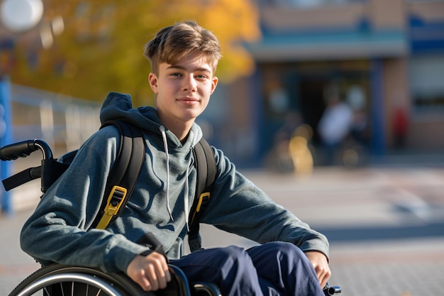 写真 学校で車椅子に座っている可愛いティーンエイジャーの少年