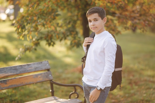 Cute teenage boy with backpack stand in the park and wait for friends Golden autumn Schoolboy