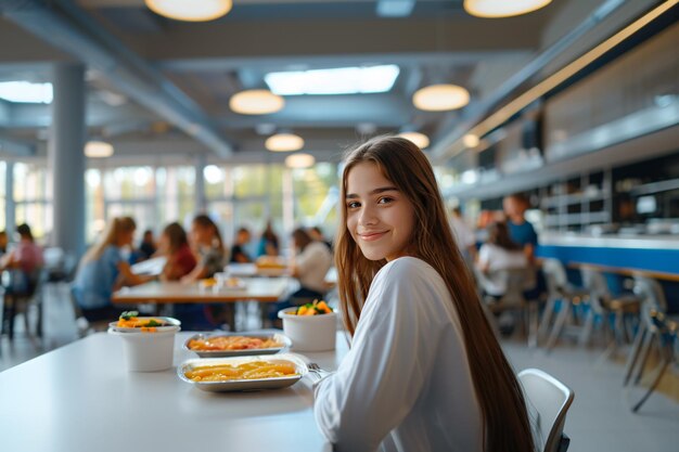 写真 テキストのコピースペースを持つ近代的な学校の食堂で食べ物を持った可愛いティーンエイジャーの女の子