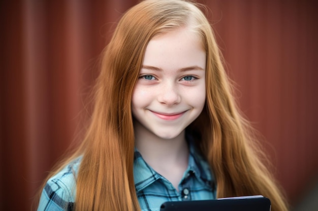 A cute teenager holding her digital tablet and smiling at you created with generative ai