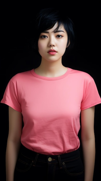 Cute tender feminine asian woman dark short haircut stand pink tshirt