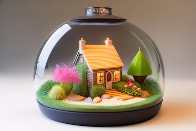 Cute terrarium with a little building