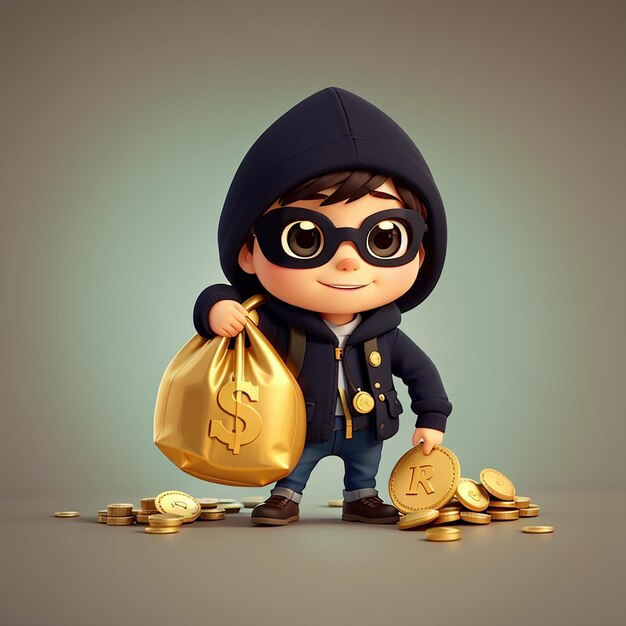 Cute thief holding money bag with gold coin cartoon vector icon illustration people finance flat