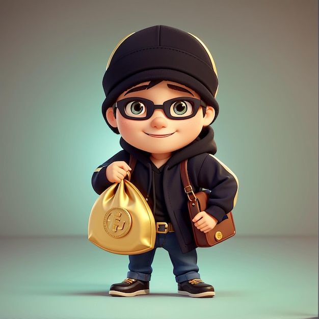 Photo cute thief holding money bag with gold coin cartoon vector icon illustration people finance flat