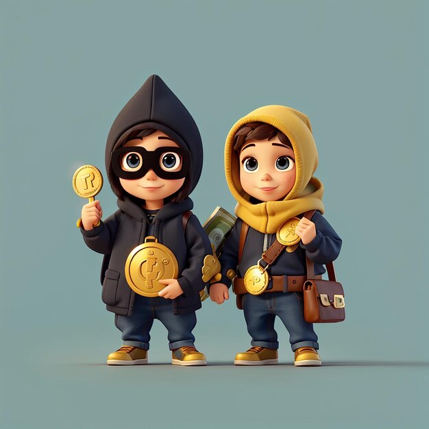 Photo cute thief holding money bag with gold coin cartoon vector icon illustration people finance flat