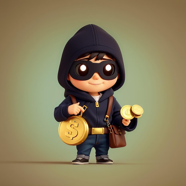 Photo cute thief holding money bag with gold coin cartoon vector icon illustration people finance flat