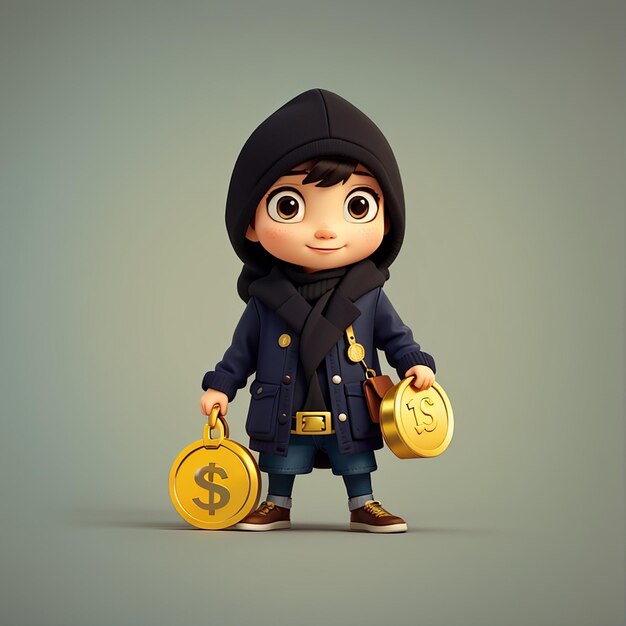 Cute thief holding money bag with gold coin cartoon vector icon illustration people finance flat