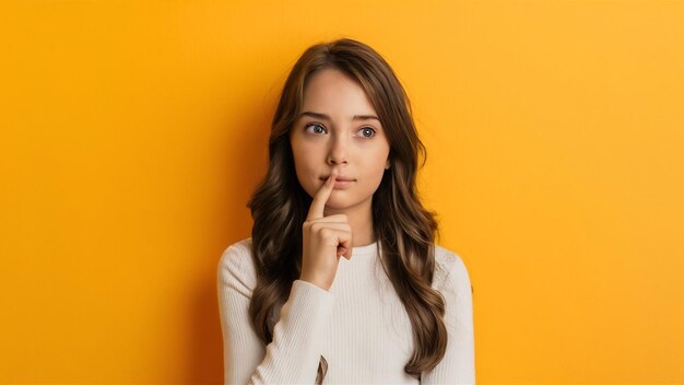 Cute thoughtful little girl on orange