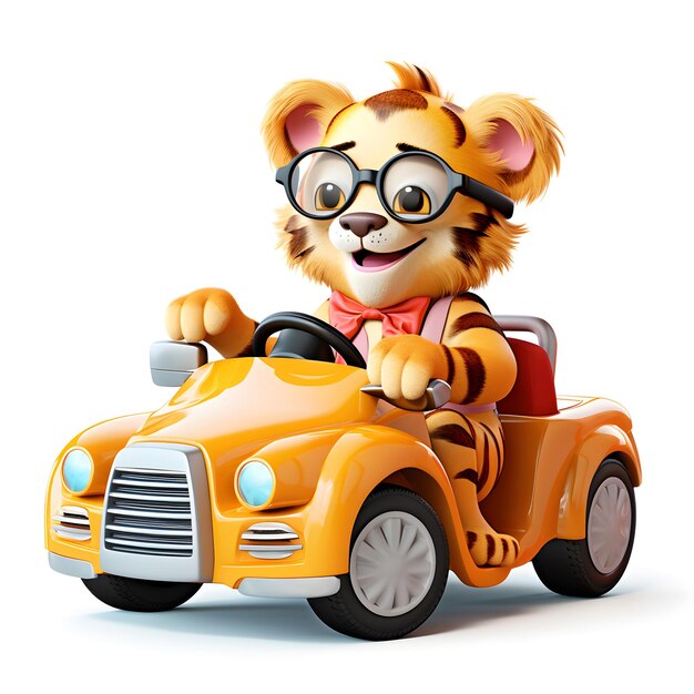 Cute tiger 3d cartoon with sunglases and driving a tuning car white backgroundGenerative ai