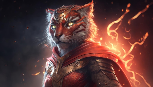 Cute Tiger as Super Hero art red dress glowing eye image generative AI