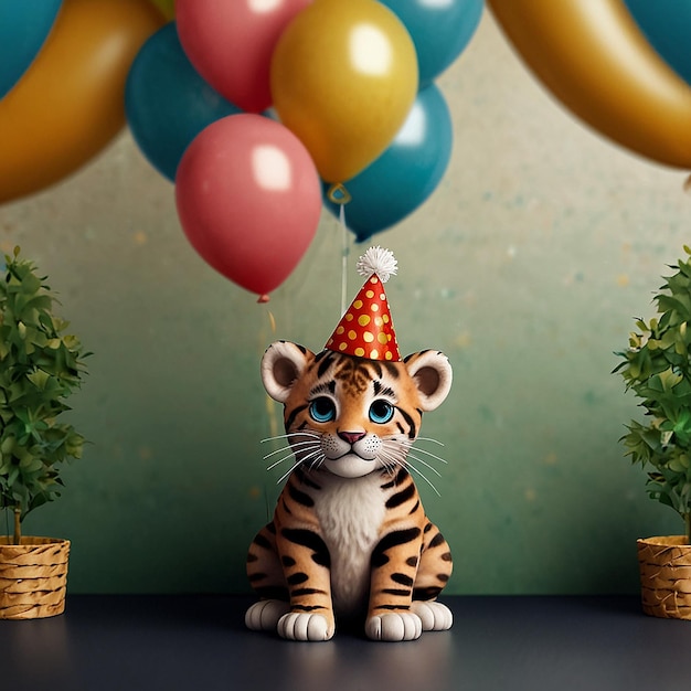 Милая вечеринка на день рождения Тигра с воздушным шаром Карикатурная векторная икона Иллюстрация Животная икона праздника Концепция Изолированный Премиум Векторный Плоский Карикатурный Стиль