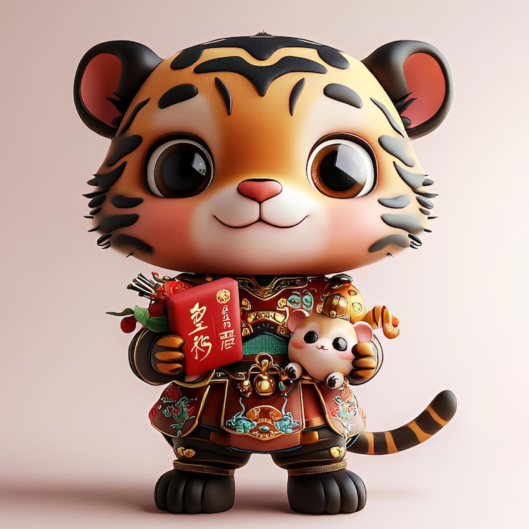 Photo cute tiger character in traditional chinese costume holding red envelope