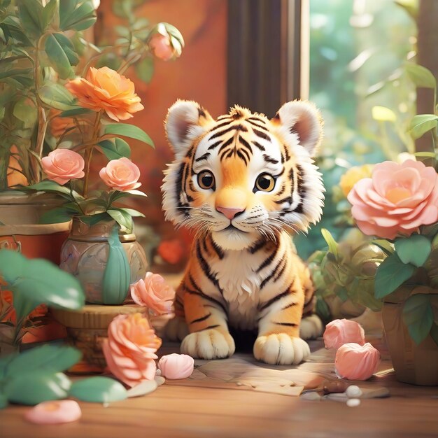 Cute tiger closeup with flowers in the background