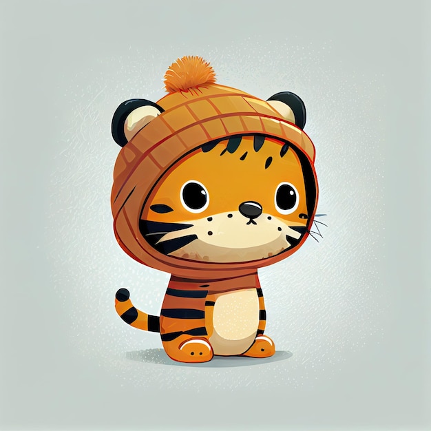 Cute tiger comic wearing a beanie with sweater and hut