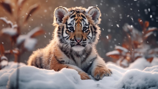 Cute Tiger cub playing in snow winter Generative Ai