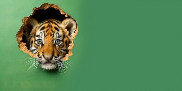 Photo cute tiger peeking out of a hole in wall torn hole empty copy space frame mockup generative ai image weber