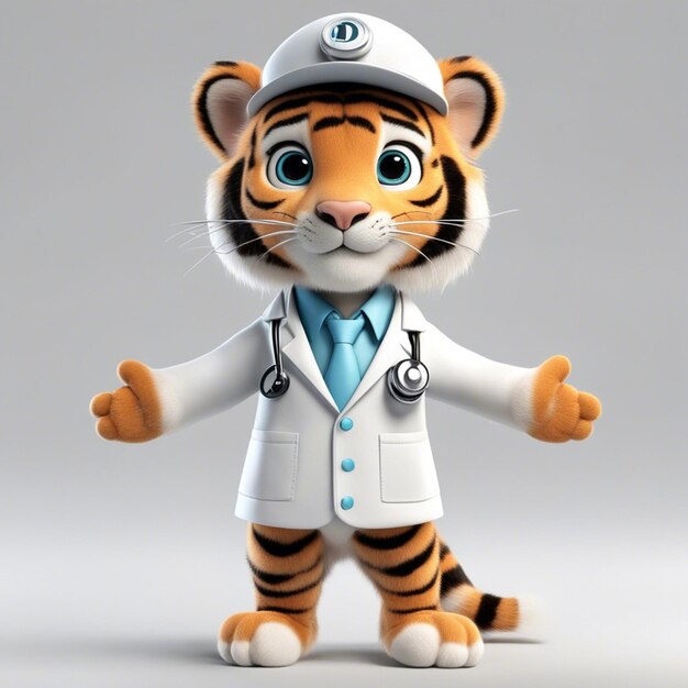 Foto un simpatico medico di tigre ware copre lo sfondo bianco