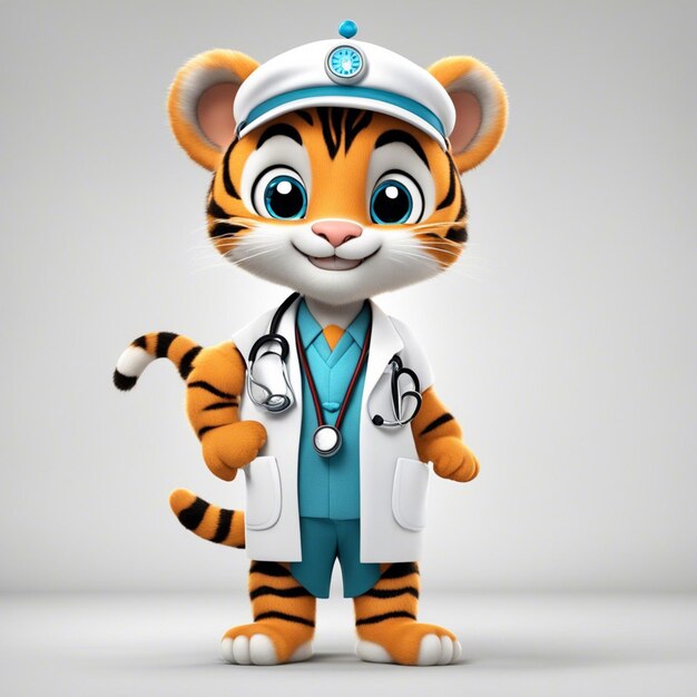 Foto un simpatico medico di tigre ware copre lo sfondo bianco