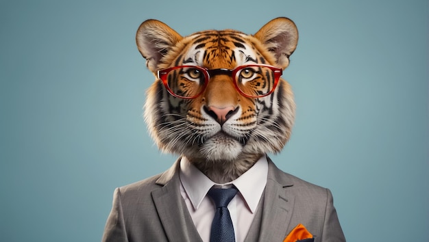 Cute tiger wearing glasses and a business suit