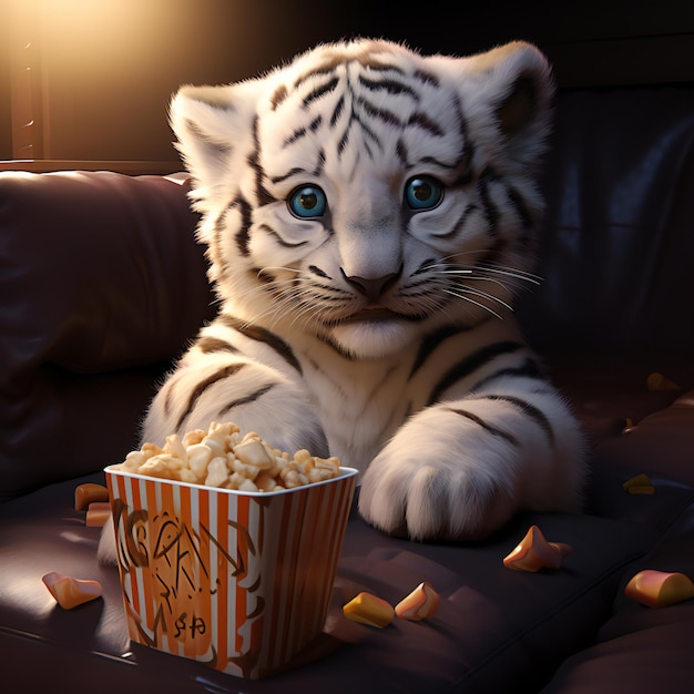 Cute tiger with popcorn on the sofa