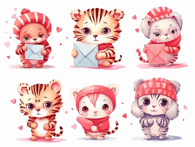 Cute tigers with hearts Happy Valentines Day Illustrations for poster postcards isolated on white background