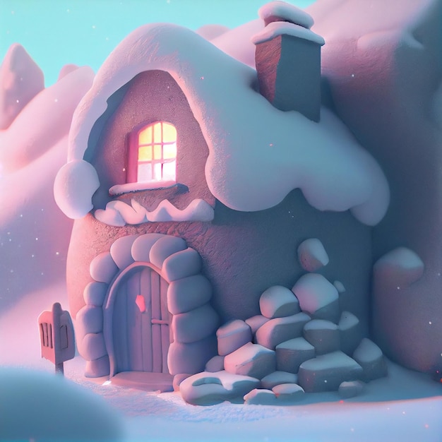 A cute and tiny home made from snow with light on the inside 3D illustration