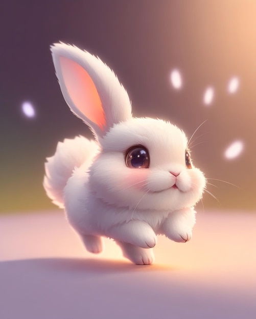 かわいい小さな超現実的なウサギの品種が走っているアニメフルちびボディふわふわちび愛らしいロゴ
