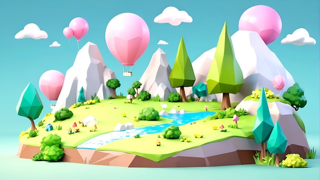 Cute tiny low poly country landscape with trees