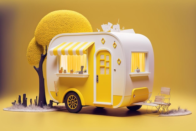 Cute tiny toy home in yellow and white that is for sale in an area with various toy trees