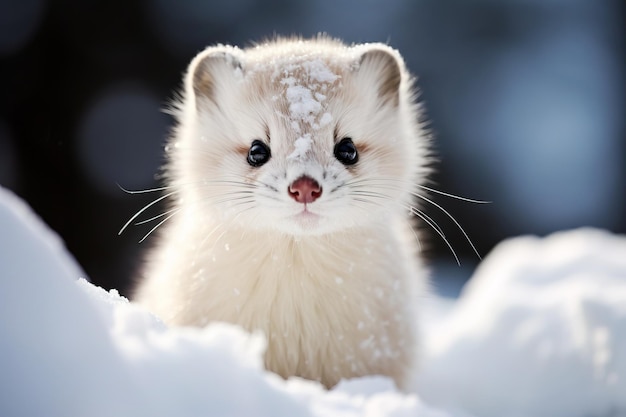 ぼやけた背景に雪の中でかわいい小さな白い冬のイタチ