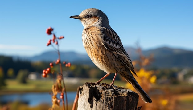 A cute tit perching on a branch looking at the mountain generated by AI