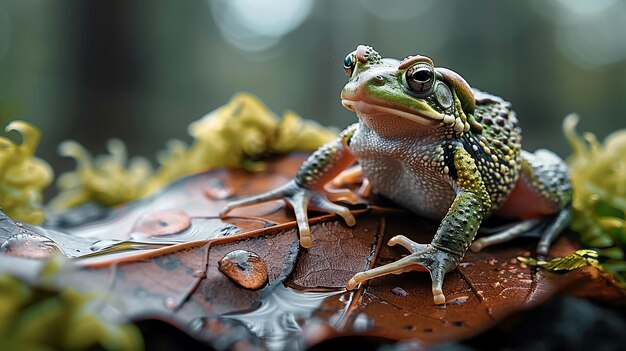 Photo a cute toad sitting on a wet leaf in the forest ai generative