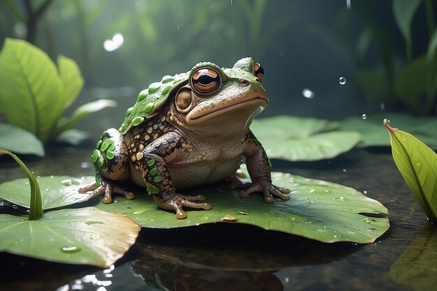 Photo a cute toad sitting on a wet leaf in the pond generated by ai