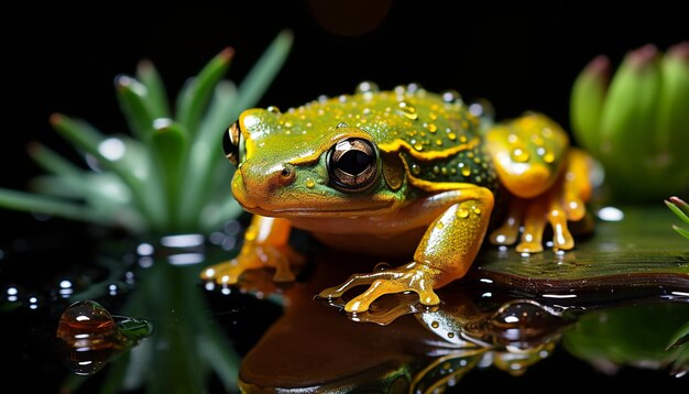 Photo a cute toad sitting on a wet leaf in the rainforest generated by ai