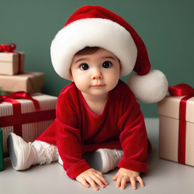 Cute toddler baby child with Santa Claus hat sitting next to new year Christmas gift present boxe