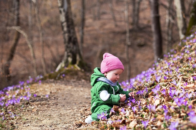 Cute toddler baby wearing green overall and pink hat in spring forest full of wild irises. Spring blossom in the forest. Harmony, hope and peace