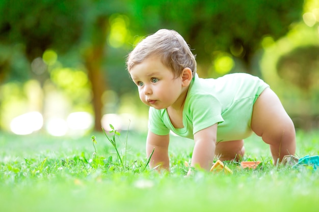 Cute toddler boy in green bodysuit sitting on the grass