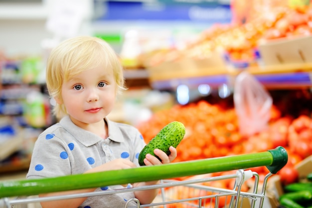 食料品店やスーパーマーケットで買い物カゴに座っているかわいい幼児男の子。子供連れの若い家族のための健康的なライフスタイル