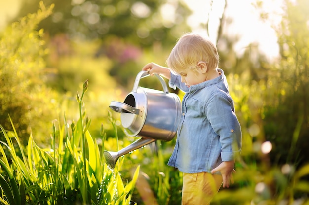 Cute toddler boy watering plants in the garden at summer sunny day