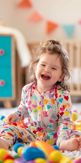 A cute toddler in a colorful onesie playing with toys and giggling