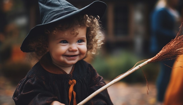 Photo cute toddler enjoys autumn outdoors holding leaf looking at camera generated by ai