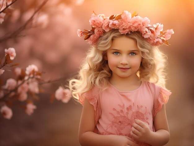 Foto piccola bambina carina con una ghirlanda di fiori in primo piano concetto primaverile o estivo