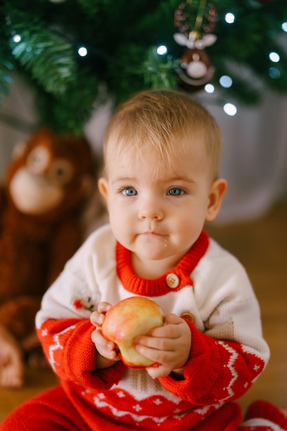 Cute toddler in a knitted Christmas costume is holding an apple in front of a Christmas tree. High quality photo