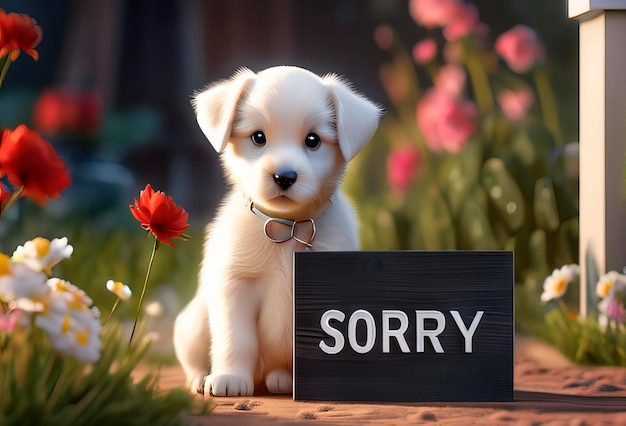 Милая трогательная собака просит прощения и извинения очаровательная собака с знаком "Извините"