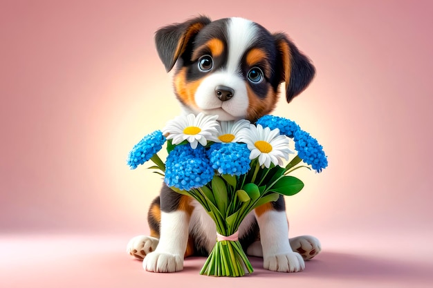 Cute touching puppy asks for forgiveness and gives flowers