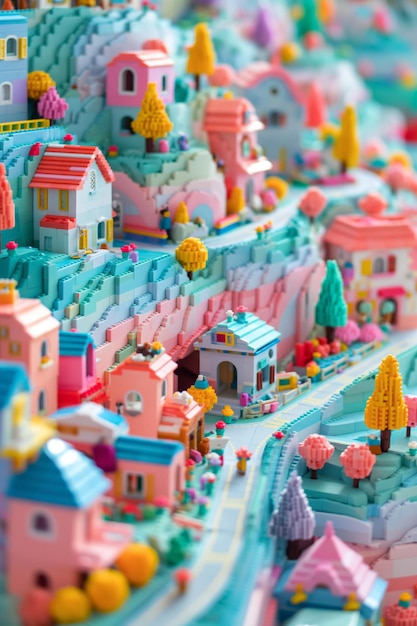 Photo a cute town with windy roads made out of brick toys