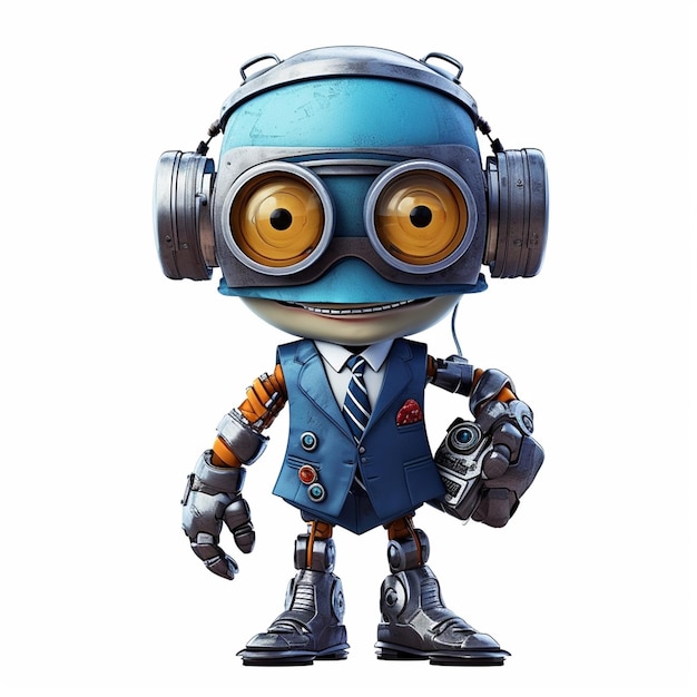 Foto un simpatico robot giocattolo che indossa una tuta da robot è in piedi davanti a uno sfondo bianco