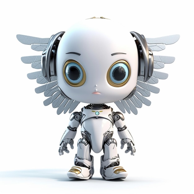 A cute toy robot wearing a robot suit is standing in front of a white background