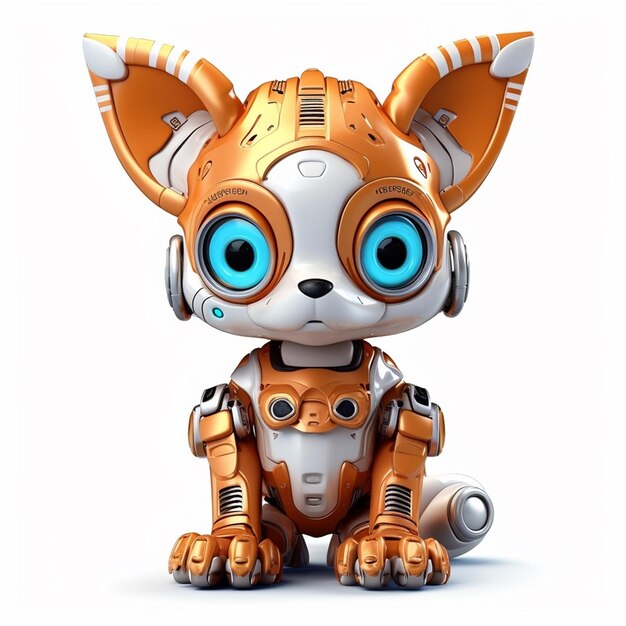 A cute toy robot wearing a robot suit is standing in front of a white background