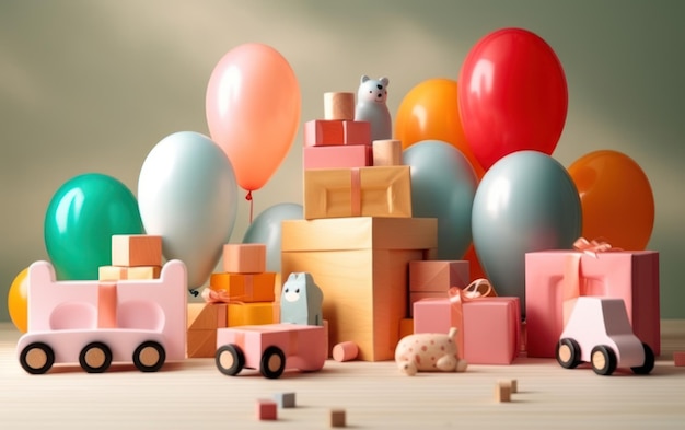 다채로운 풍선과 선물 상자를 가진 귀여운 장난감 Ai Generative